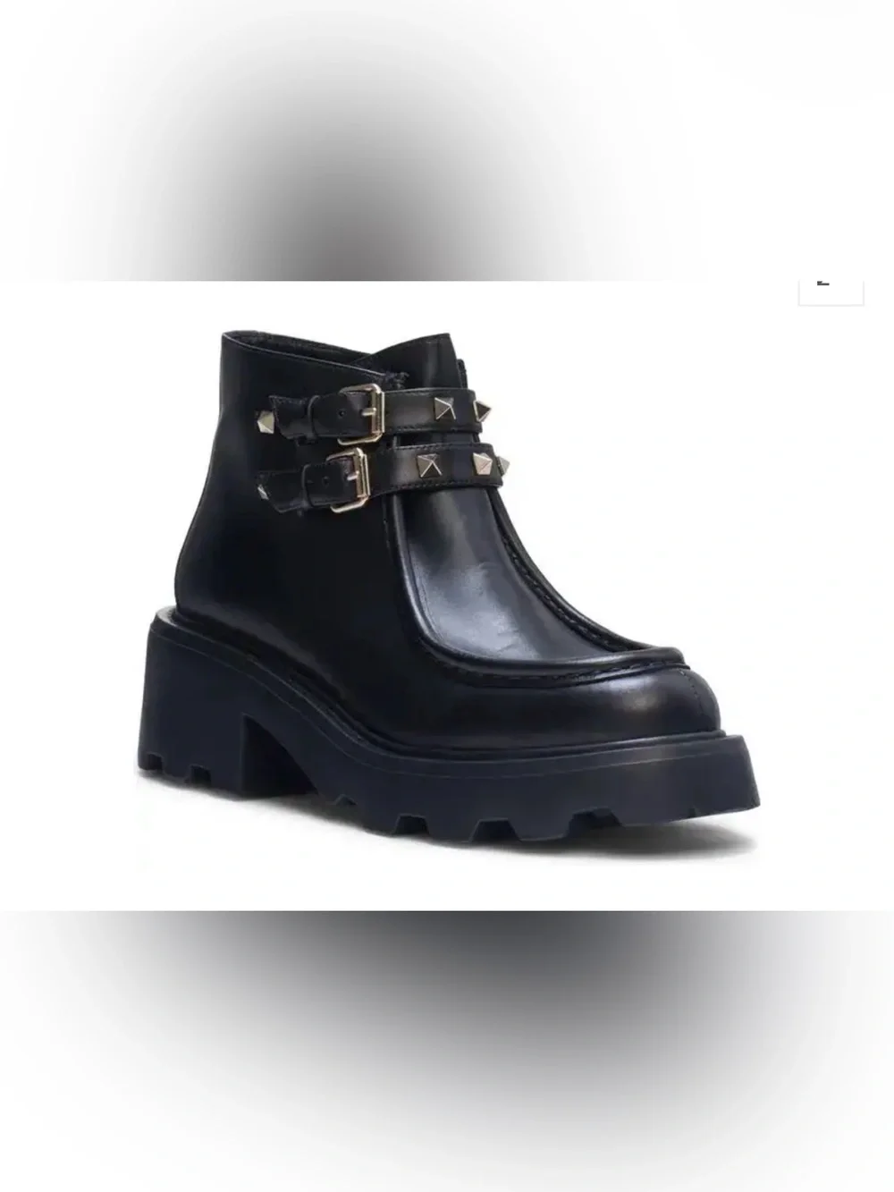 Valentino Garavani Black Leather Lug-Sole Ankle Boots with Studded Double Straps